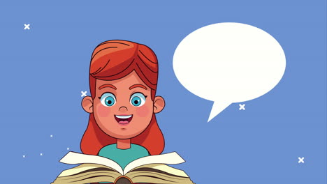 niña estudiante leyendo un libro con un personaje animado de burbuja de habla