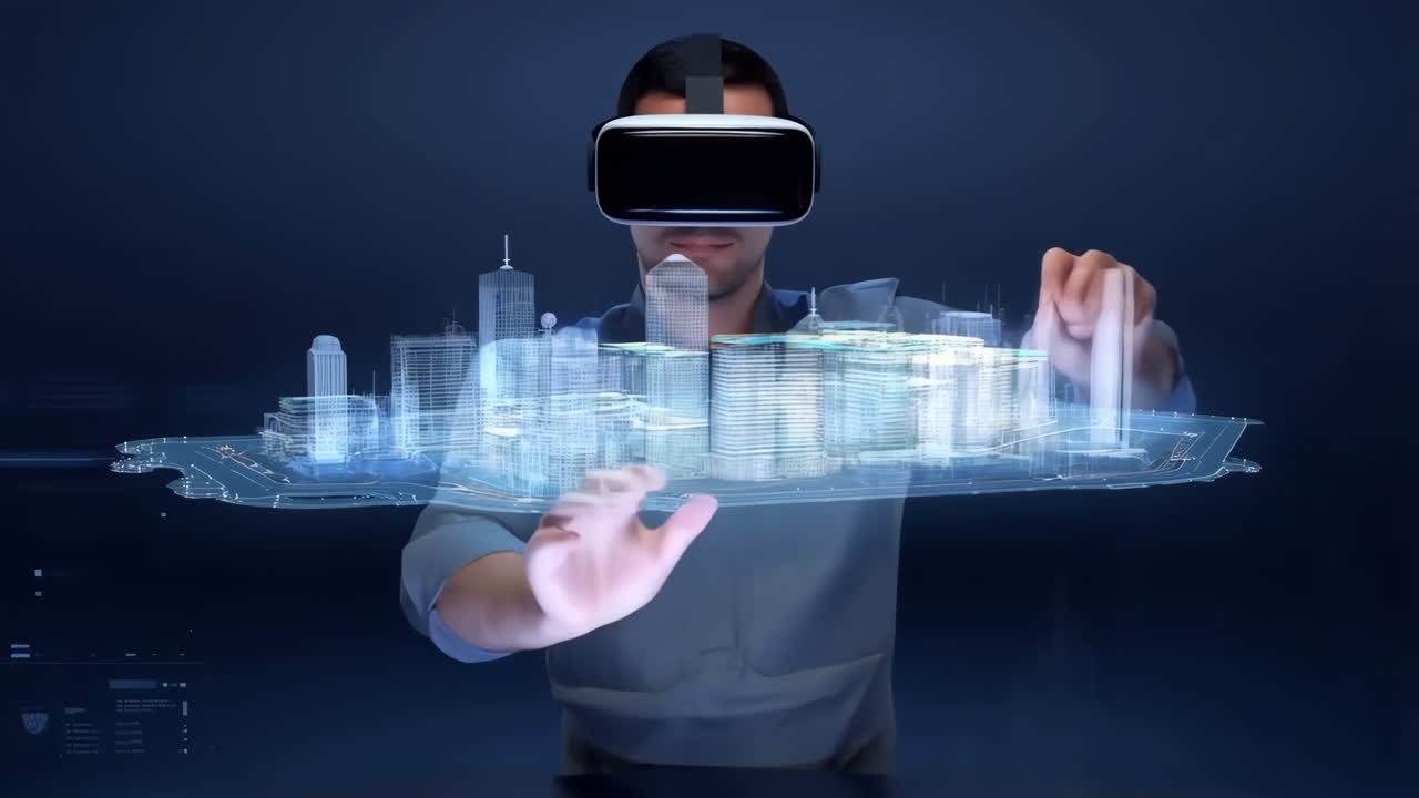 Man uses VR headset to interact with a holographic 3D city model
