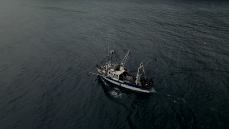 fishing boat sailing across the calm sea - drone shot