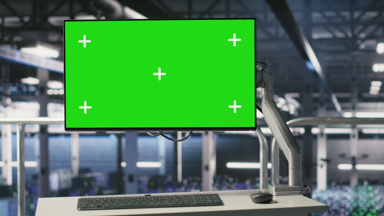 Green screen mockup monitor on data center industrial platform