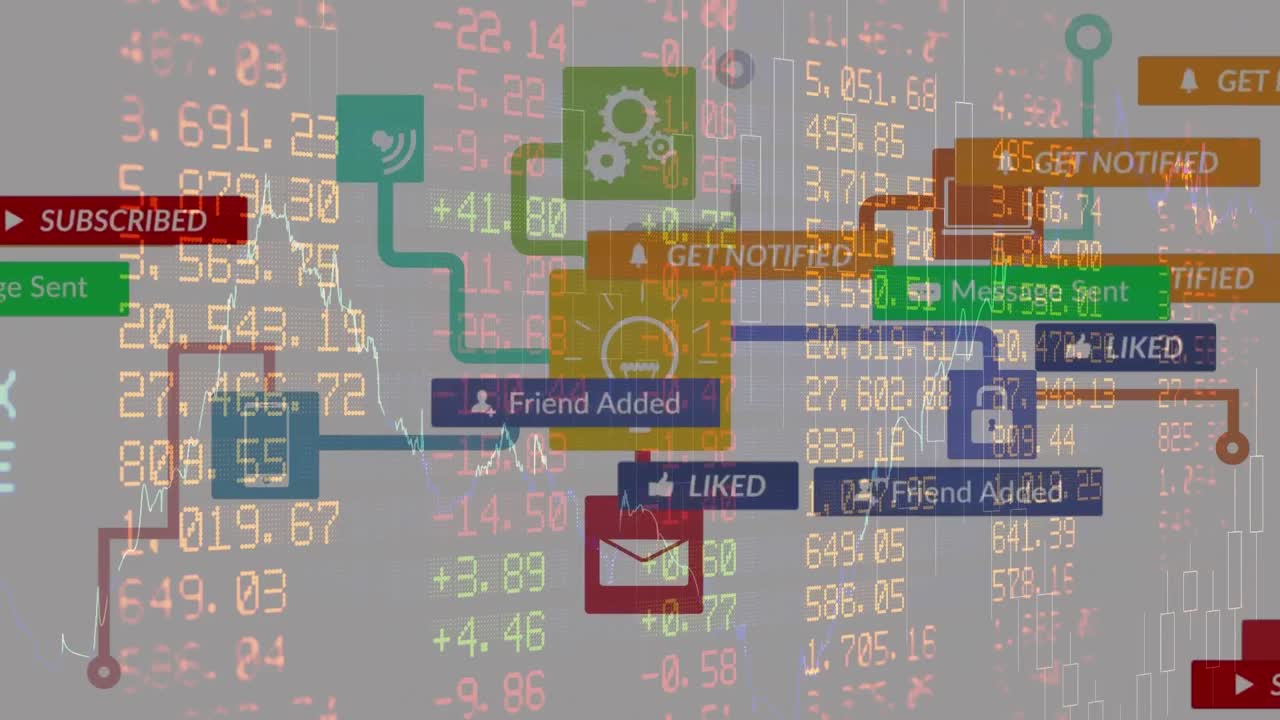Animation of social media network of icons and financial data processing