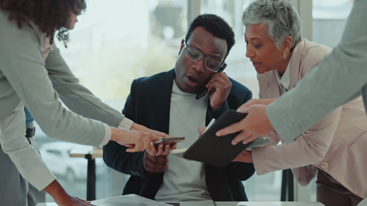 Business, chaos and black man with headache