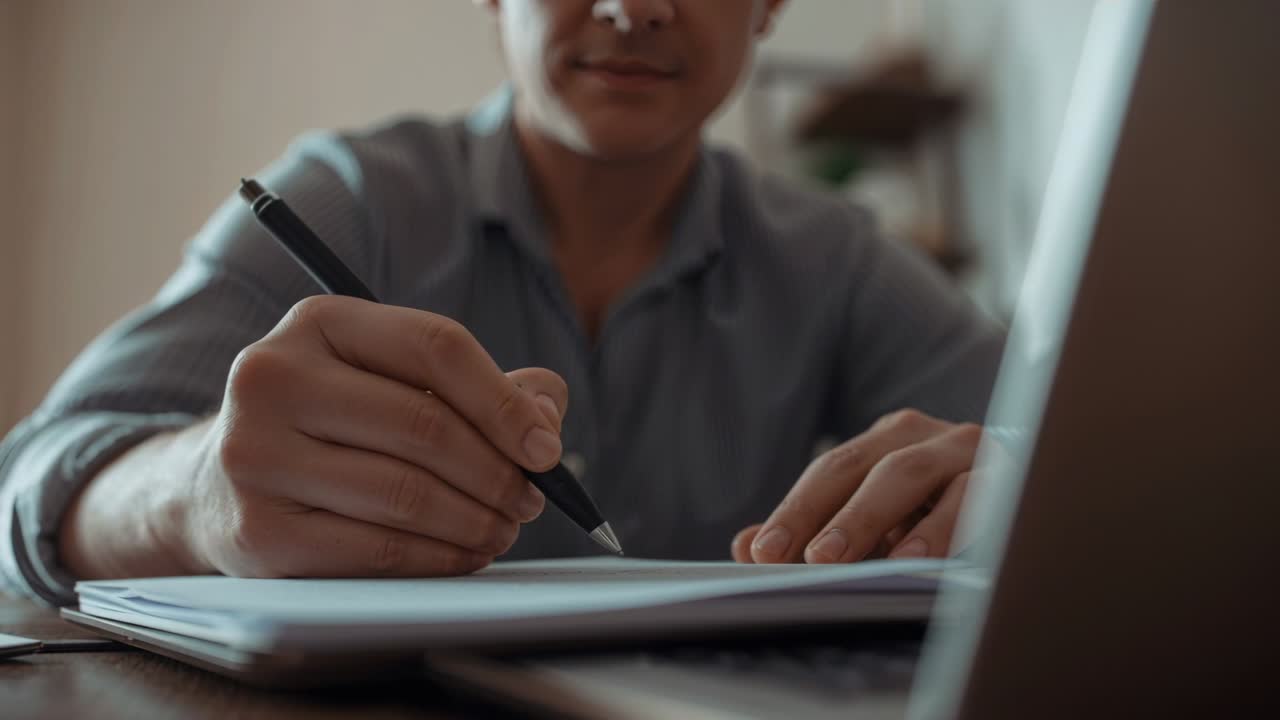 Writing man wearing light button-up lowering black pen, taking notes at desk with laptop and phone