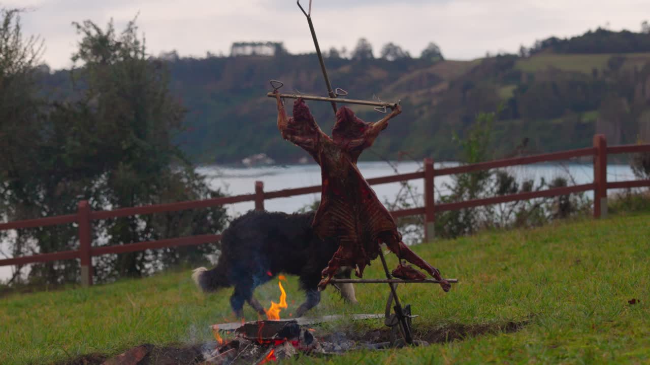 Chilean Fiestas Patrias Lamb to fire, and a cart in Castro, Chilo&eacute; south of Chile