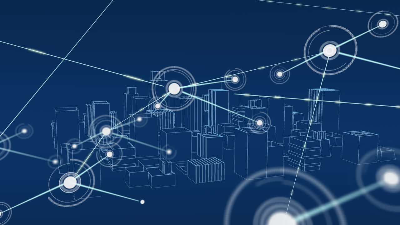 Animation of network of connections with icons over digital cityscape