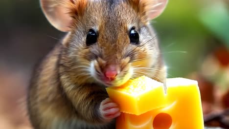 a mouse eating a piece of cheese on a rock