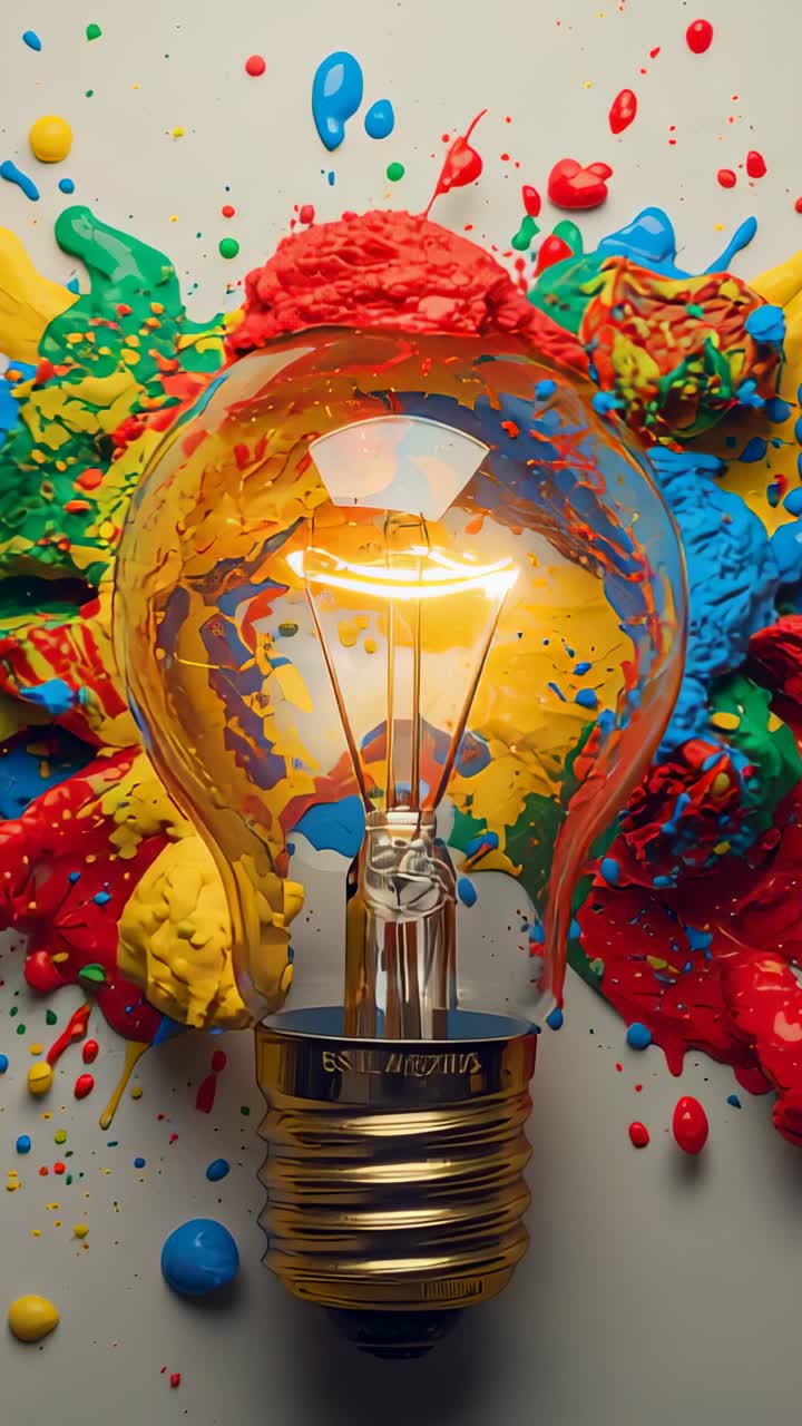 Vertical video: Zooming camera capturing filament light bulb on studio desk, with colorful paint