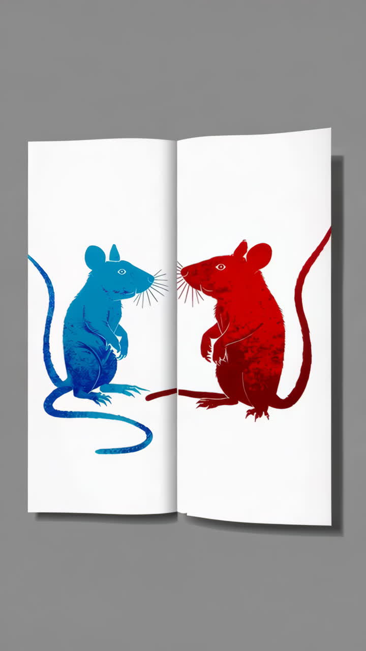 Illustrazioni stilizzate di ratti blu e rossi su un libro aperto.