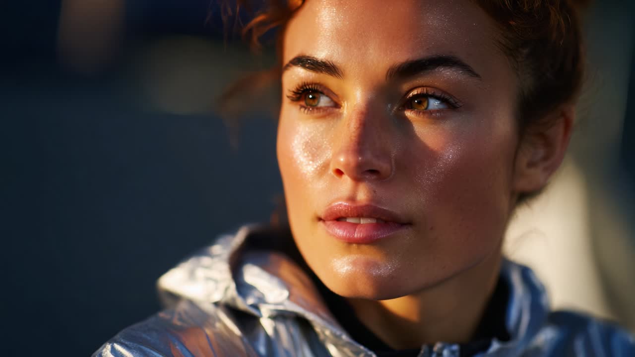 Captivating Close-up Portrait: A Young Woman with Gleaming Skin and Beautiful Features, Set Against a Softly Blurred Background That Highlights Her Expressive Eyes and Radiant Glow