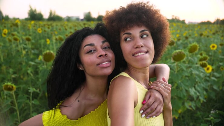 Giovani donne in un campo di girasoli.