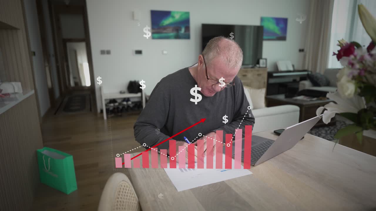 Senior man opens an online business and tracks his sales or profit growth with animated bar chart earnings