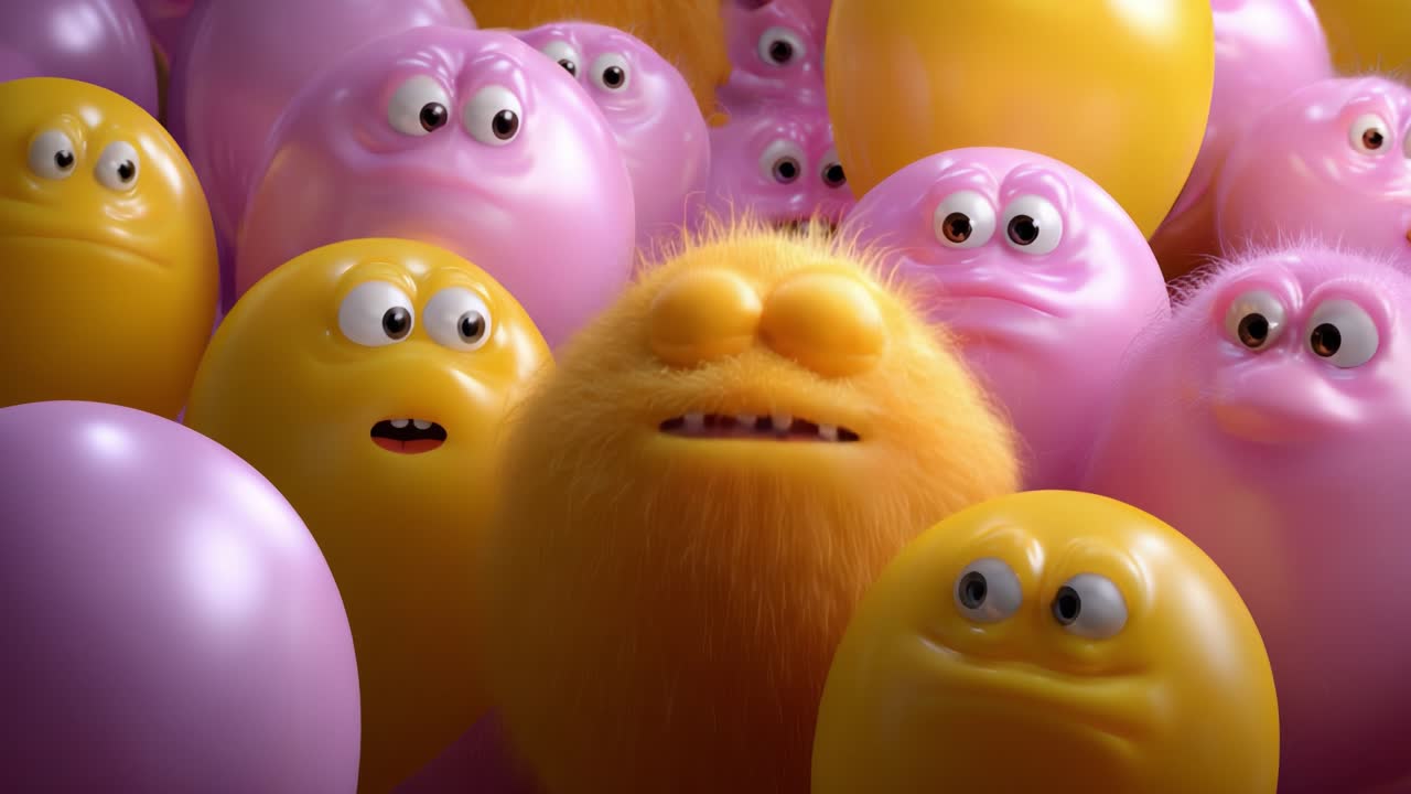 A group of colorful, animated creatures gather among vibrant balloons, showcasing expressions of surprise and curiosity, creating a fun and whimsical scene that captures playful energy