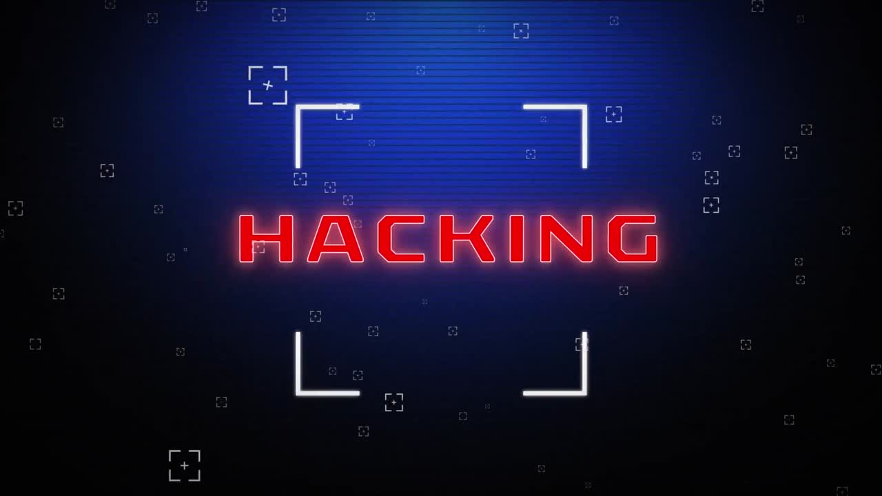 Animation of hacking text in red with square scopes on dark blue lined screen