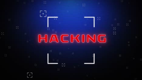Animation of hacking text in red with square scopes on dark blue lined screen