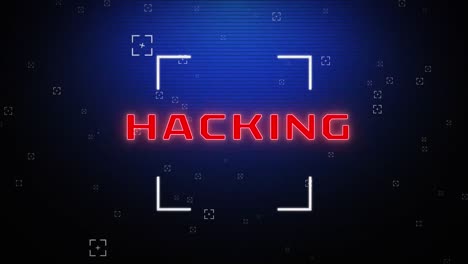 animation of hacking text in red with square scopes on dark blue lined screen