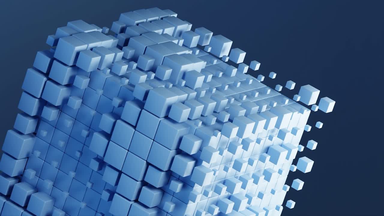 Abstract 3D cube structure composed of small blue cubes on a dark blue background. Digital geometric design concept