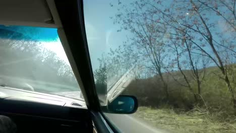 conduciendo en una carretera en un día soleado en el bosque