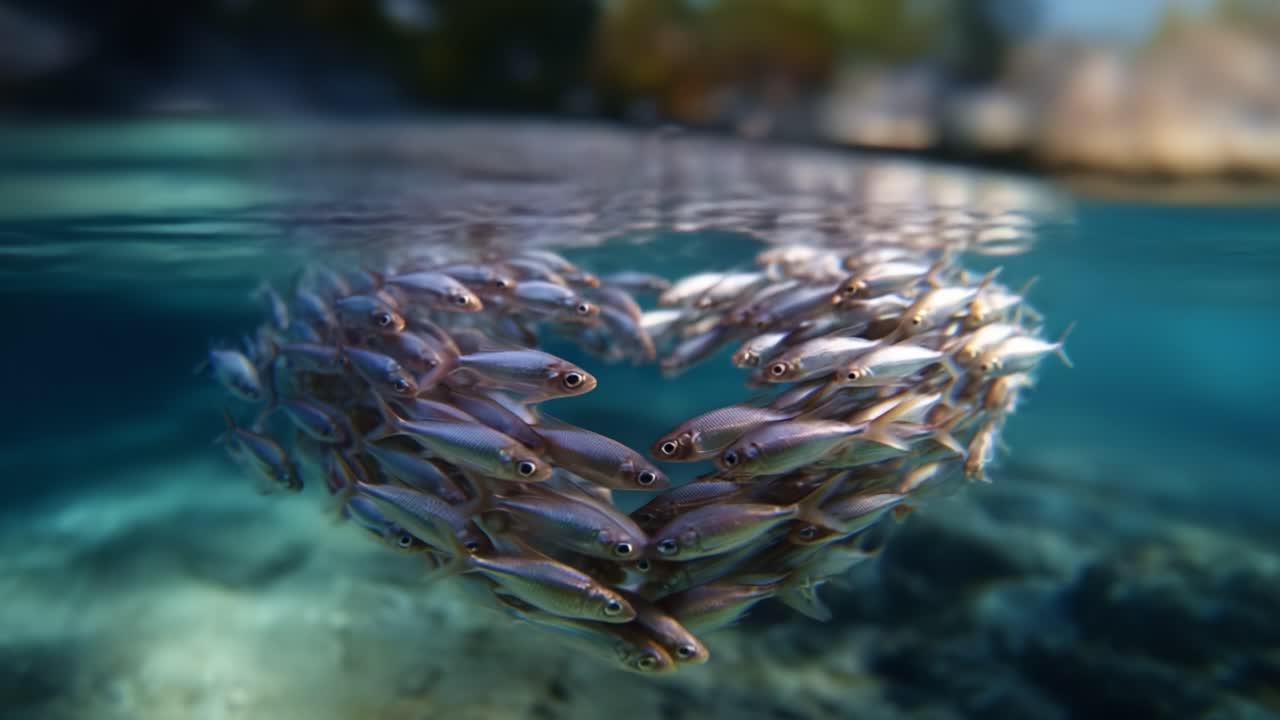 Een betoverende onderwaterformatie van glinsterende vissen vormt een hart, waarmee de schoonheid van het zeeleven en hun complexe sociale gedrag wordt getoond
