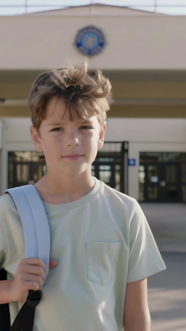 Verticale video: Lopend kind arriveert op school, houdt de rugzakriem met embleem vast, draagt een T-shirt