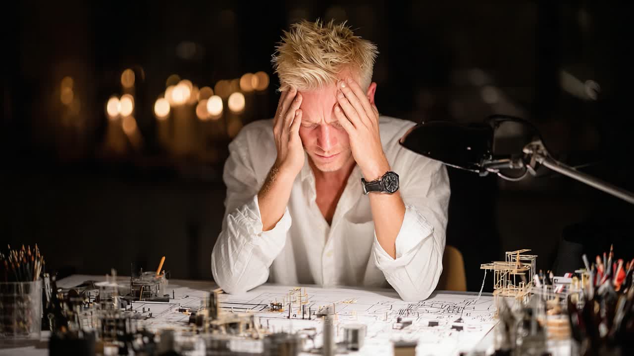 A Struggling Designer's Emotional Journey: From Frustration to Relief Amidst Detailed Architectural Models and Dimly Lit Workspace