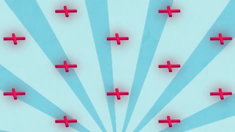 animation of red cross icons repeated over stripes on blue background