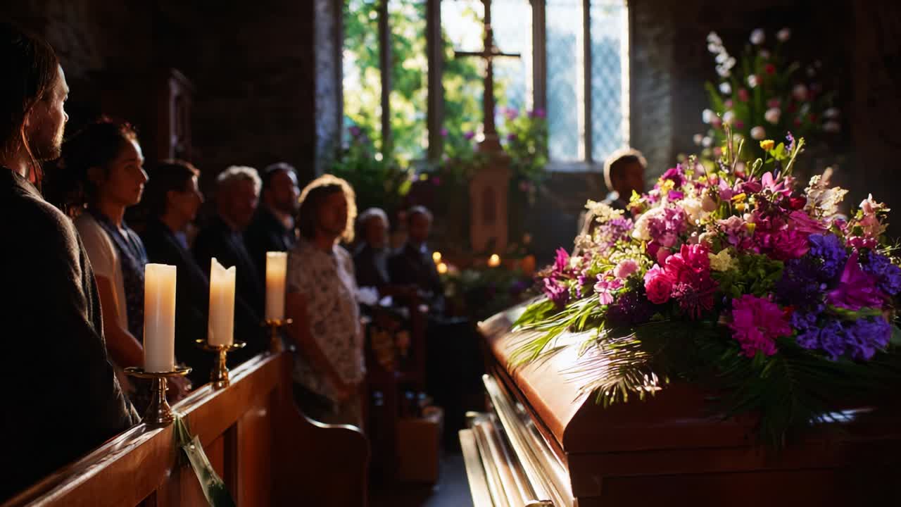 A Solemn Farewell: A Reflective Moment at a Funeral Service With Beautiful Floral Arrangements and Attendees Paying Their Respects in a Sunlit Church Environment