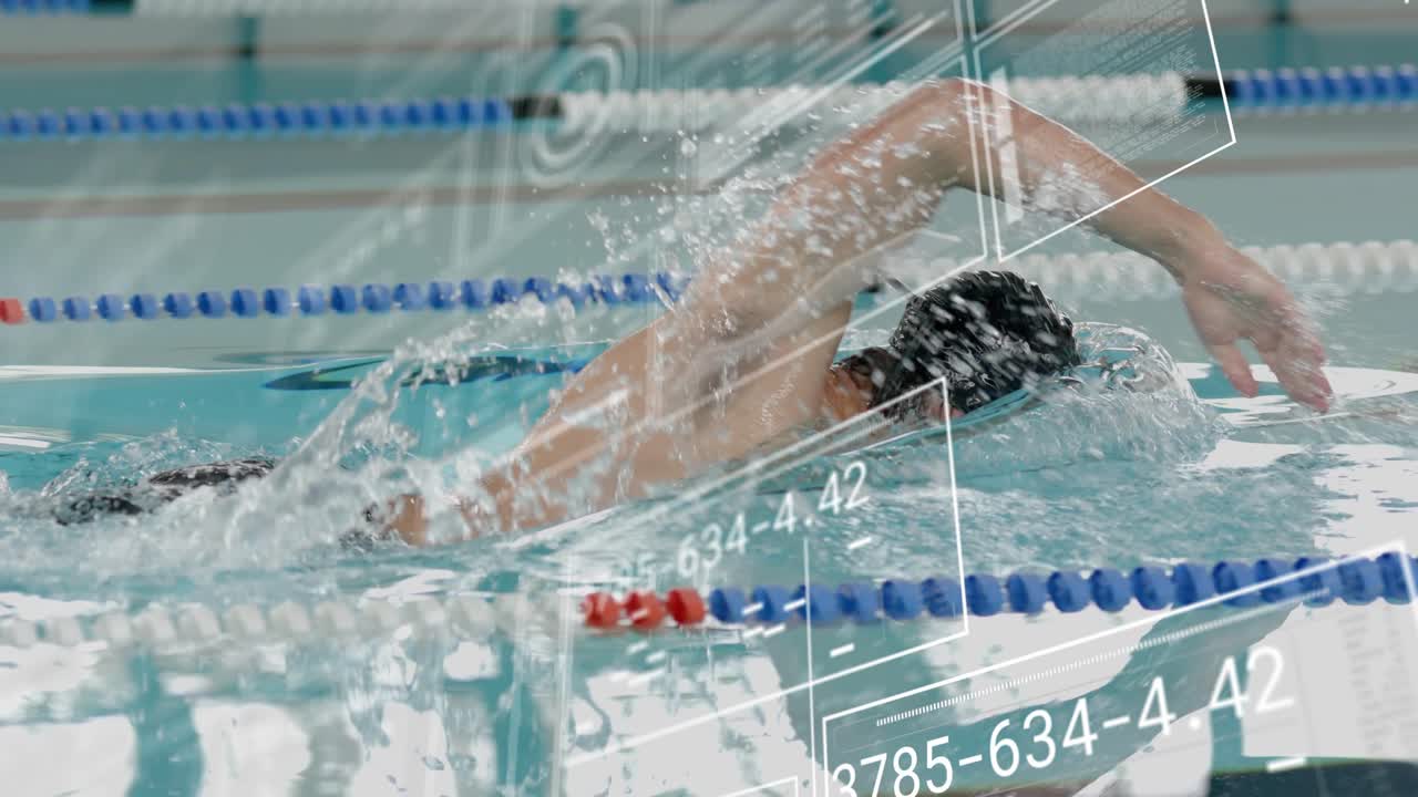 Male swimmer starting lap and settling to freestyle stroke, HUD overlays tracking wake for training