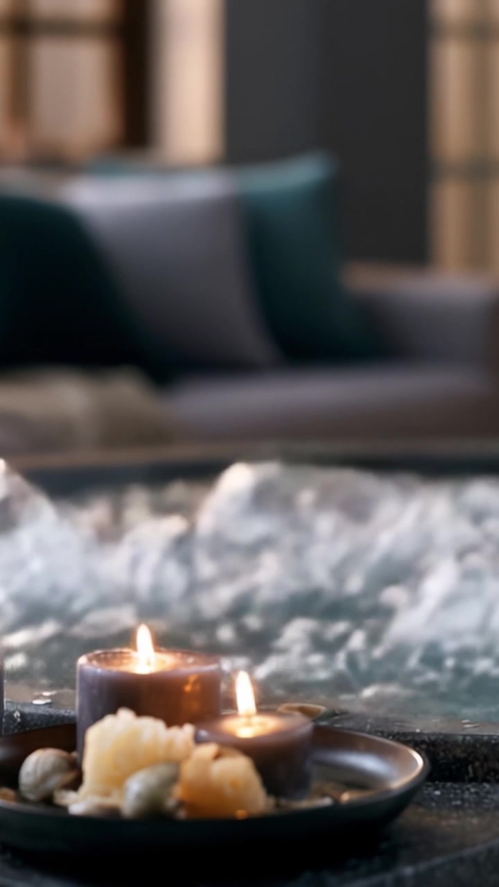 Atmosfera rilassante con candele galleggianti e un delicato flusso d'acqua che creano un ambiente distensivo in uno spazio abitativo elegante