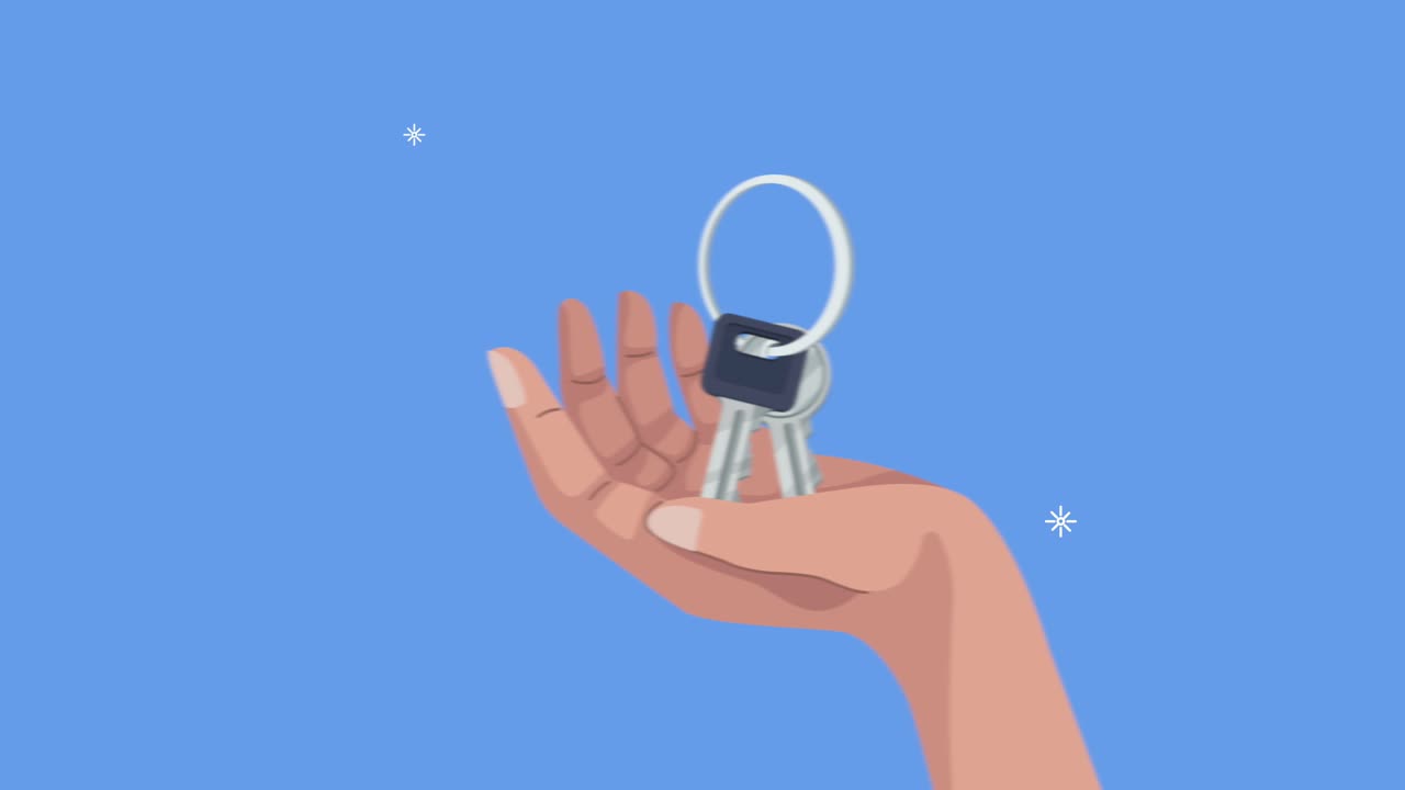 hand with keys of car and door animation
