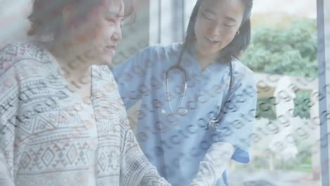 Animation-of-letters-over-asian-female-doctor-and-patient