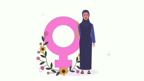 animación del día de la mujer con mujer árabe y símbolo de género