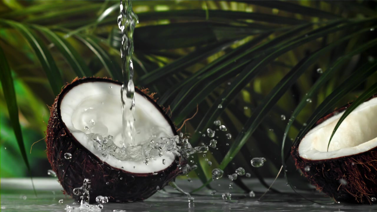Refreshing Water Pouring into a Halved Coconut with Tropical Leaves