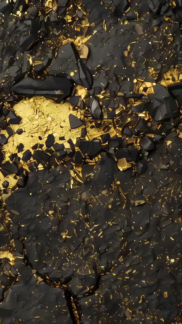 Vertical video: Camera sliding revealing cracked dark plates exposing gold leaf for gallery view