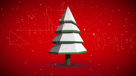Animation of geometric Christmas tree with equations on red snowy background
