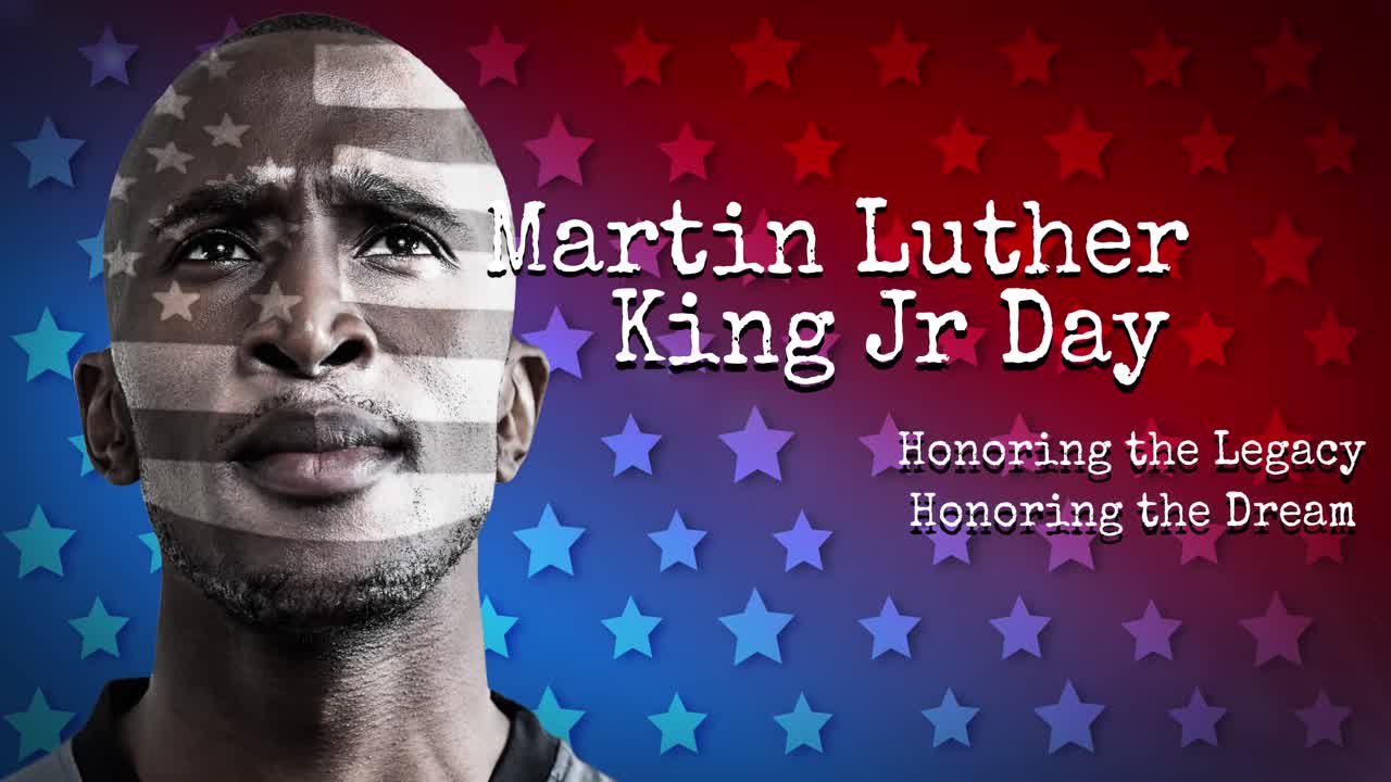 마틴 루터 킹 주니어 데이 텍스트 배너와 보라색 배경의 아프리카계 미국 남성 운동선수