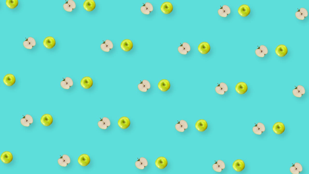 Colorful fruit pattern of fresh rotating apples. Seamless pattern with apple. Realistic animation. 4K video motion