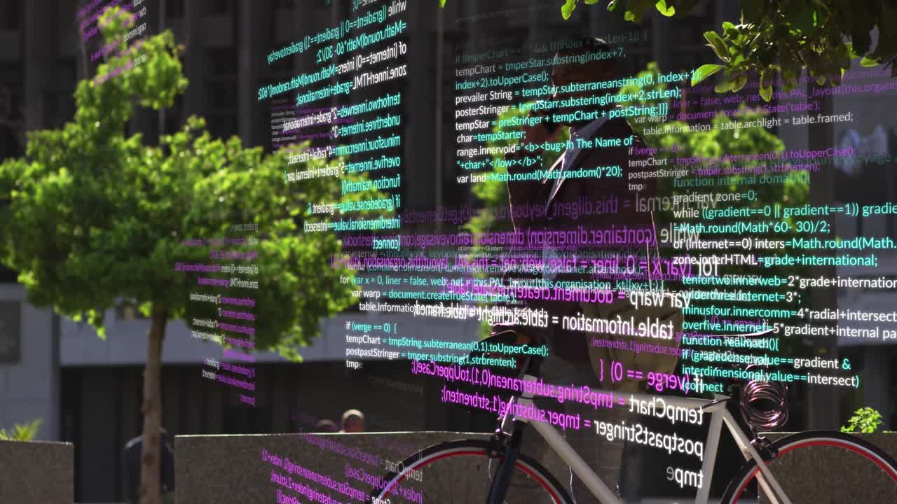 animación del procesamiento de datos sobre hombres afroamericanos que caminan.