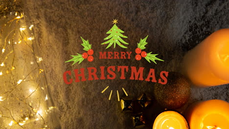 animación de saludos de navidad texto sobre decoraciones de luces de hadas de navidad.