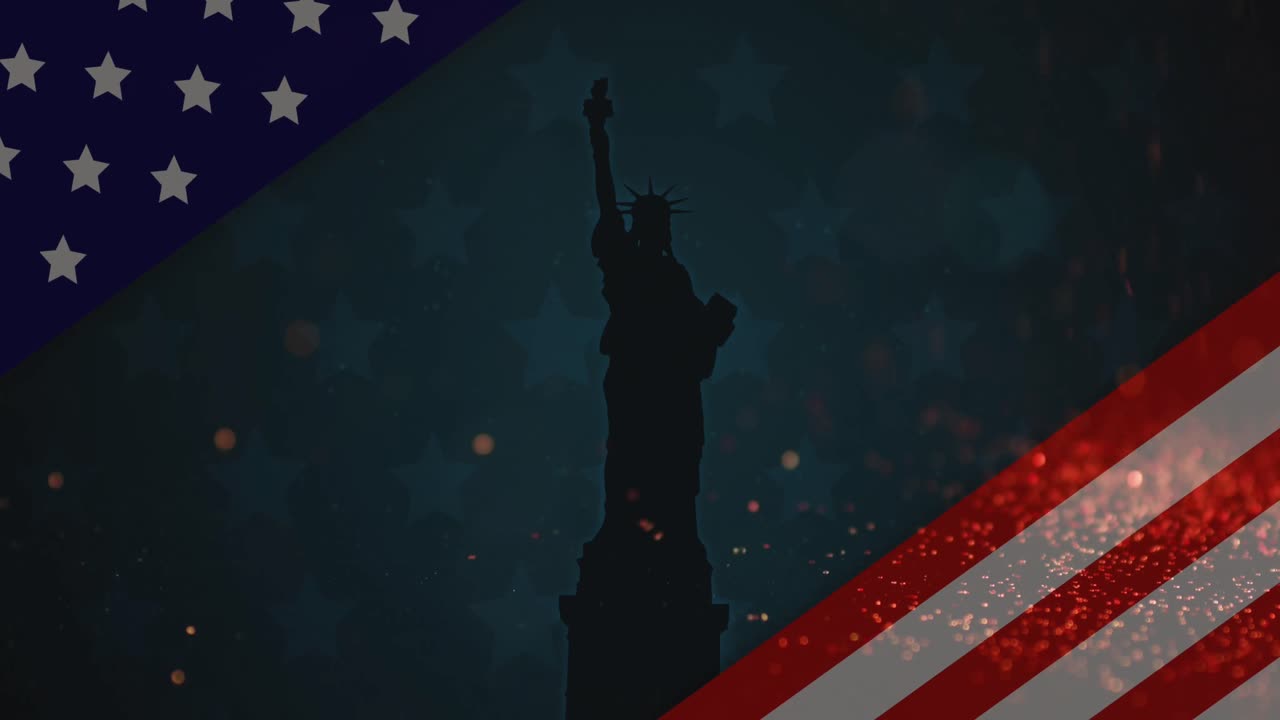 Animation einer amerikanischen Flagge, die die Freiheitsstatue und herabfallende winzige leuchtende Partikel enthüllt
