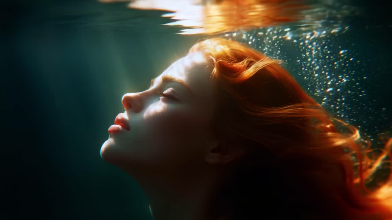 A Captivating Moment Beneath the Surface: A Young Woman with Flowing Red Hair Floating Gracefully in Water, Embracing Serenity and Tranquility Under a Soft Glimmer of Light