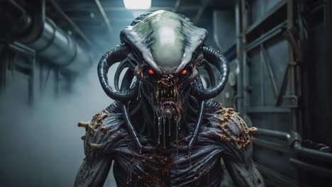 menacing alien creature with red eyes in a sci-fi setting