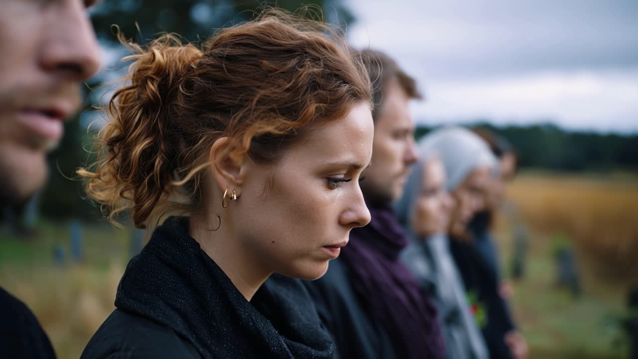 Folk står i en stille kø, ser fremover. Ansiktsuttrykkene deres viser rolig, ettertenksomt fokus. Mykt naturlig lys faller over åkeren bak dem. Rolig øyeblikk antyder kontemplasjon eller meditasjon.