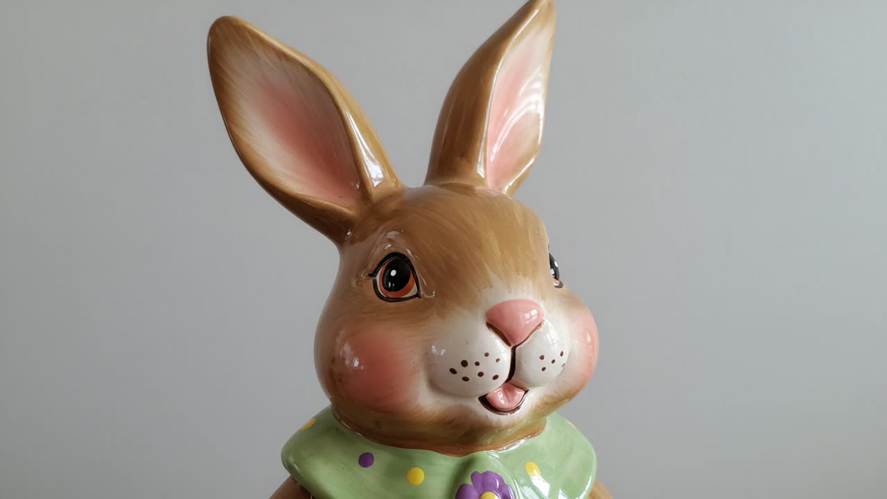 Bezaubernde dekorative Hasenfigur mit fröhlichem Gesichtsausdruck und buntem Schal, perfekt für Frühlingsfeste und saisonale Dekoration
