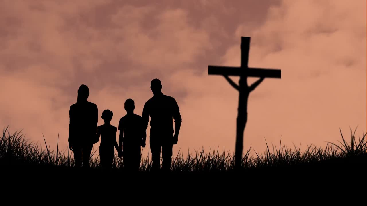 크리스천 크로스의 실루 ⁇ 과 두 명의 자녀와 함께 가족의 애니메이션 핑크색 연기 구름 모