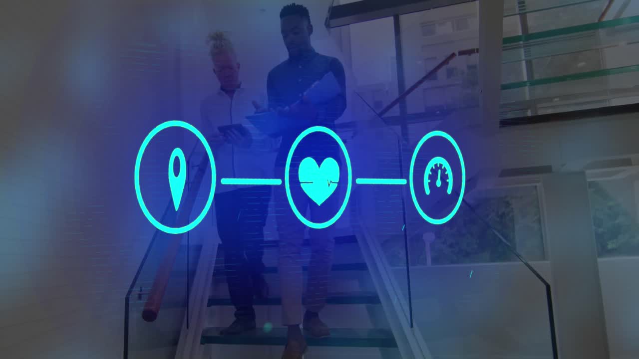 사무실에서 문서를 논의하는 두 명의 다양한 남자에 대한 디지털 아이콘 네트워크의 애니메이션