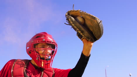 a dynamic and energetic baseball catcher in action surrounded by dust clouds and excitement