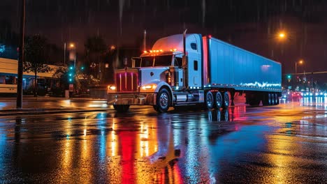 semi-truck on a rainy night city street