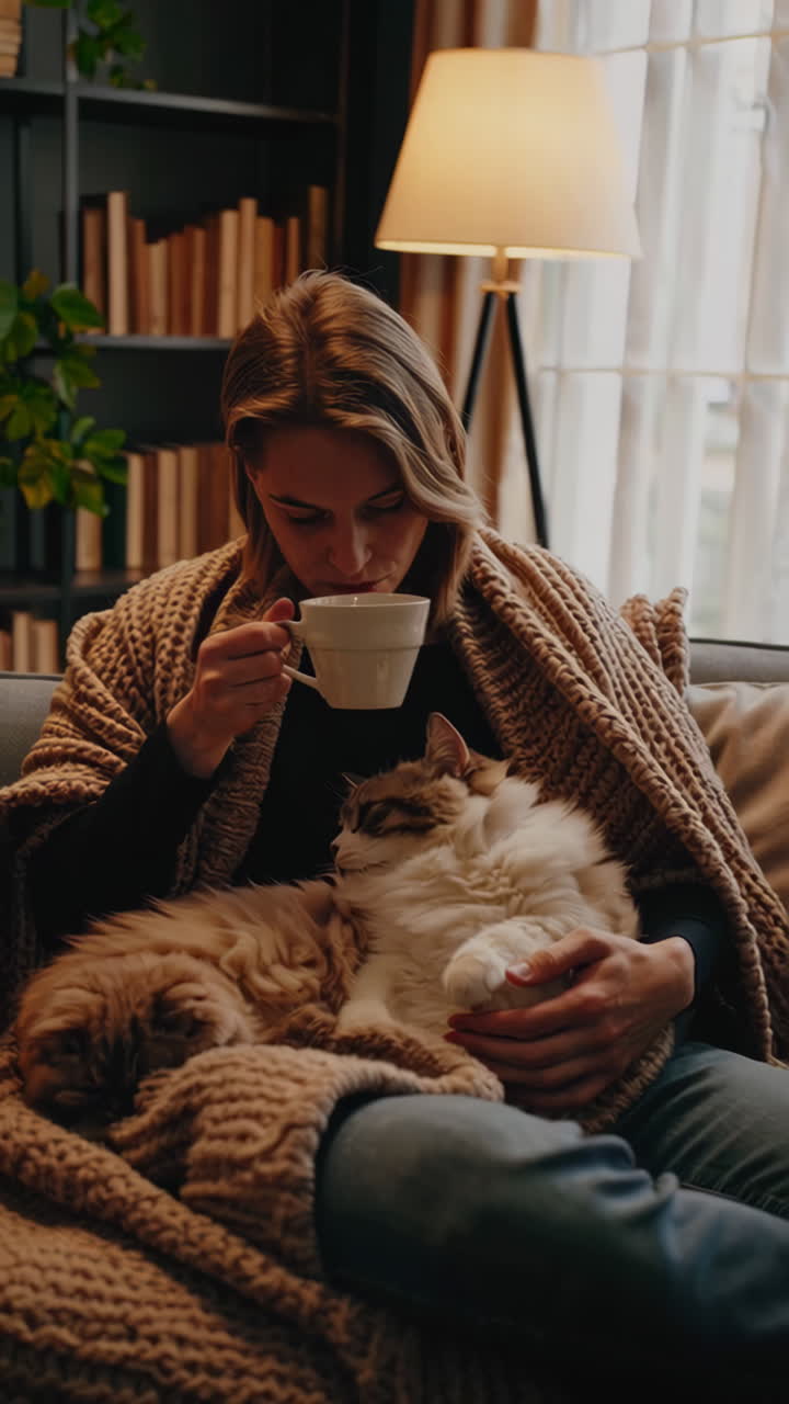 Woman relaxing on a cozy couch with her cat