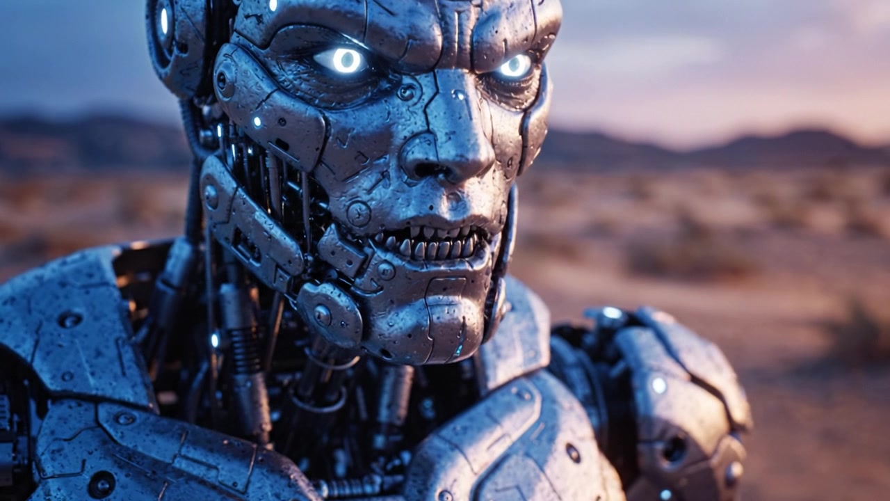 Teknoloji ve İnovasyonun Şafağında, çöl manzarasında gelişmiş özelliklere ve parlayan gözlere sahip fütüristik bir robot karakterin yakın çekimi