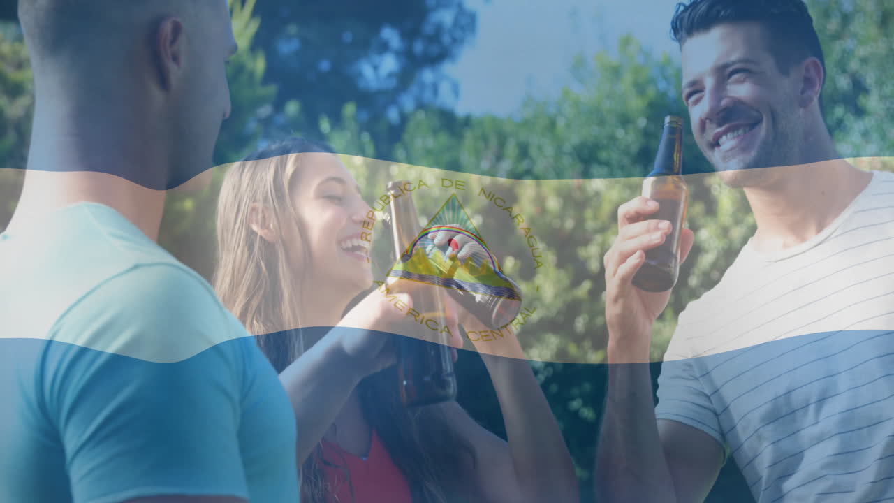 Nicaraguan flag overlay on people drinking outdoors with animation effect